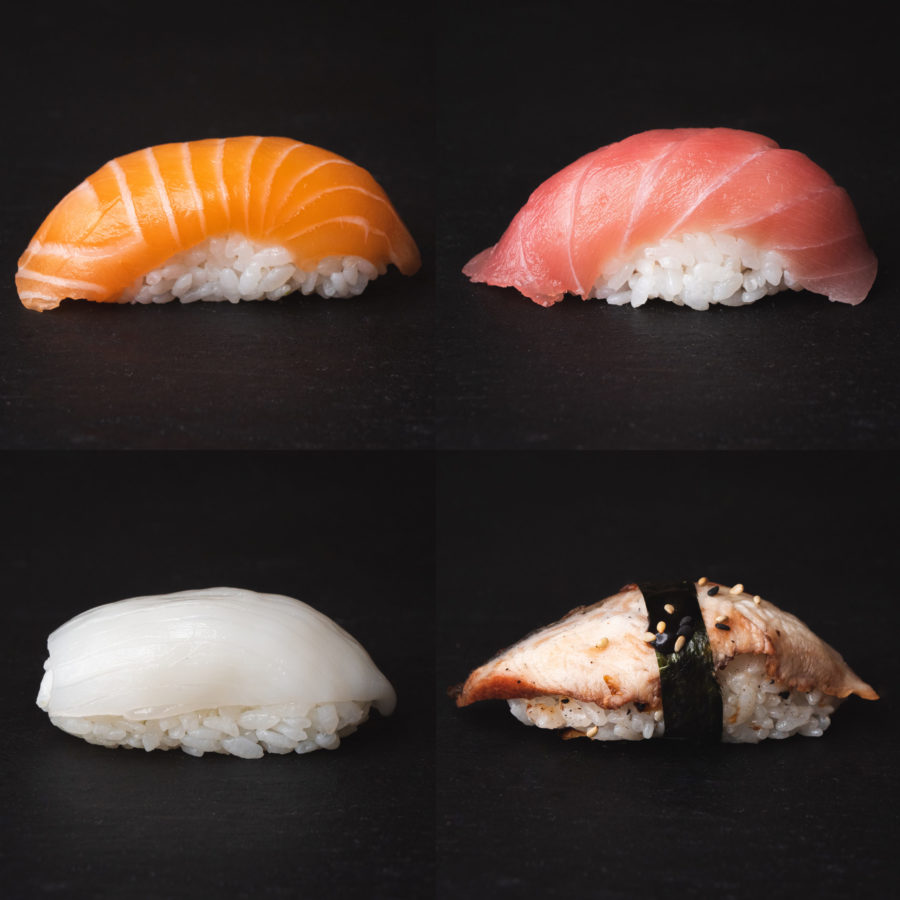 Nigiri 4er Mix - Lachs, Thunfisch, Tintenfisch, Aal Nigiri 4er-Mix: Tintenfisch