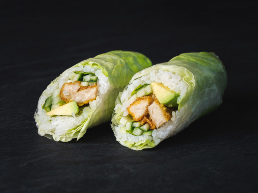 Top Springroll mit veganem Poulet, Gurke & Avocado